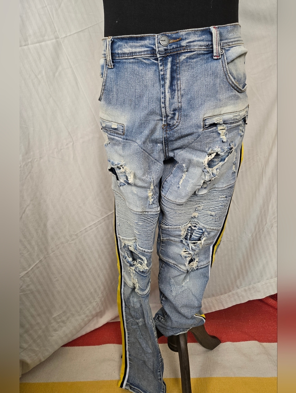 Men's Light Wash Distressed Jeans with Yellow Side Stripe Preme. TJ